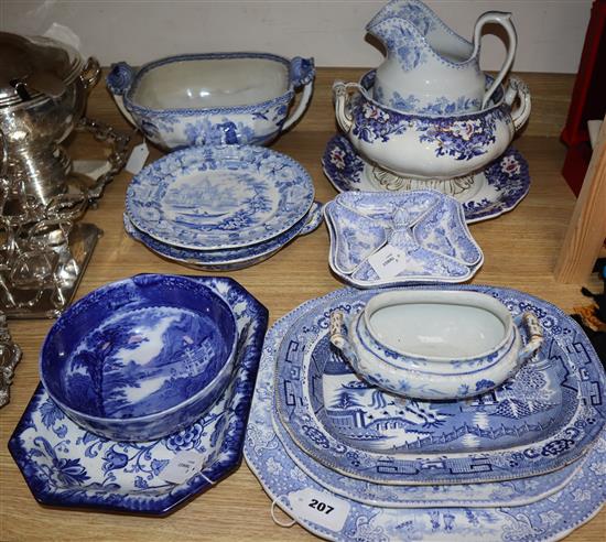 A Minton & Boyle Devon pattern pedestal hors doeuvres dish, a late Spode soup tureen and stand and sundry blue and white china,
